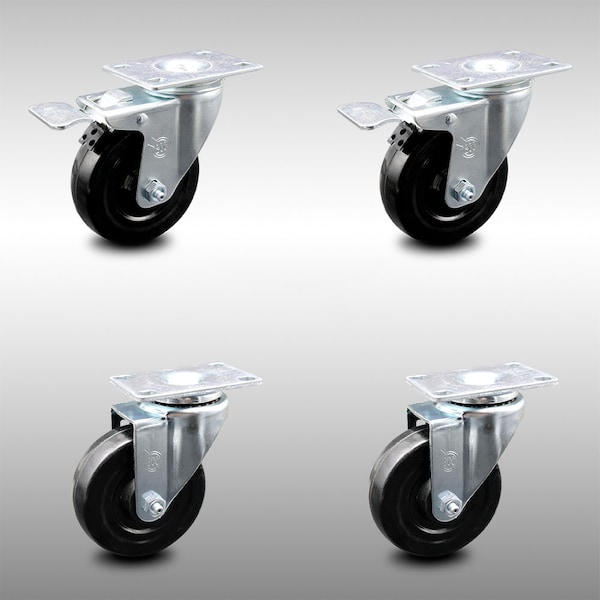 4 Inch SS Hard Rubber Wheel Swivel Top Plate Caster Total Lock Brakes SCC, 2PK